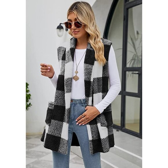 Black Plaid Print Faux Fur Oversized Open Front Sleeveless Vest Cardigan Sweater - Picture 3 of 6